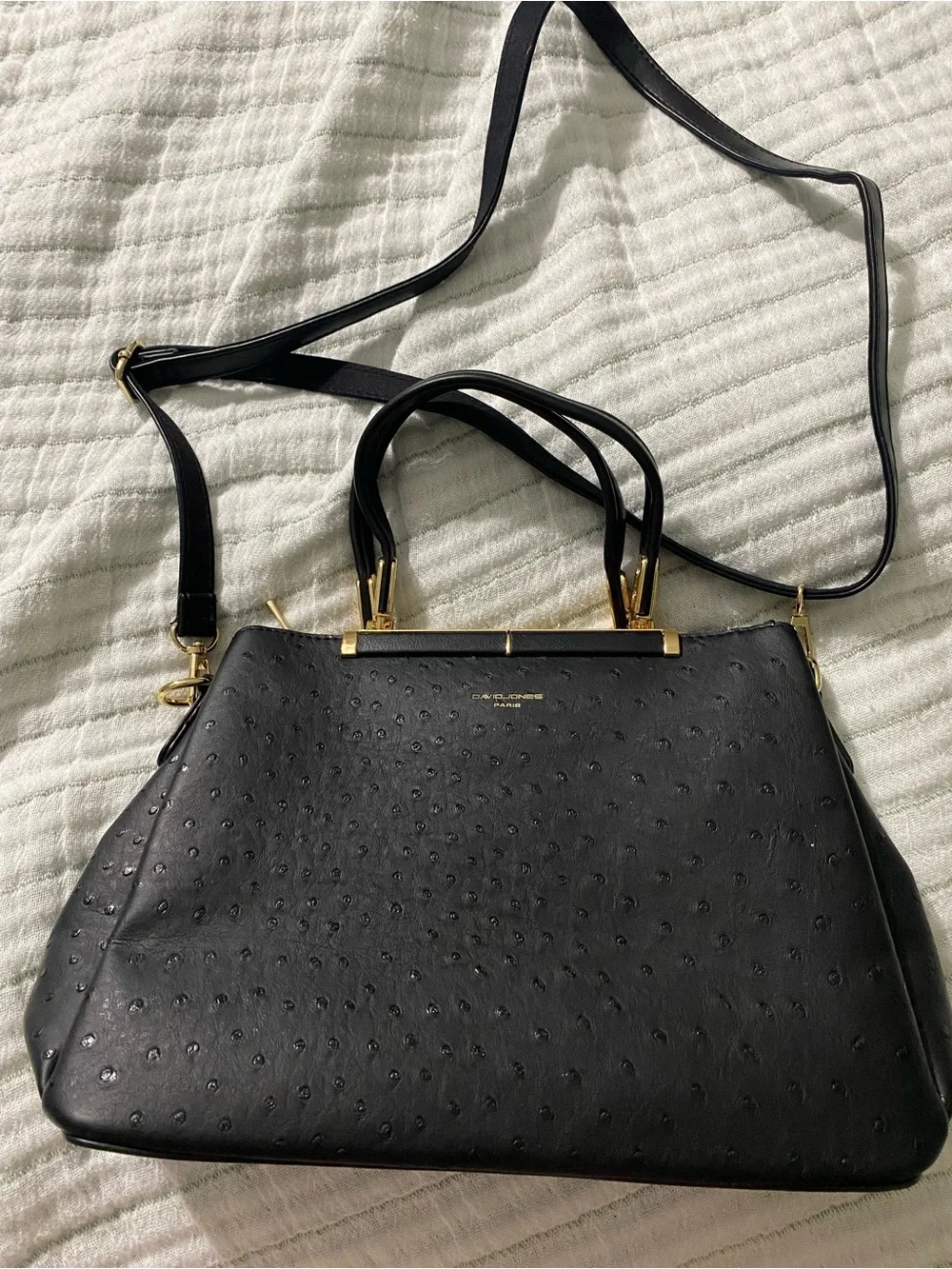Black Ostrich-Embossed Satchel with Gold Hardware